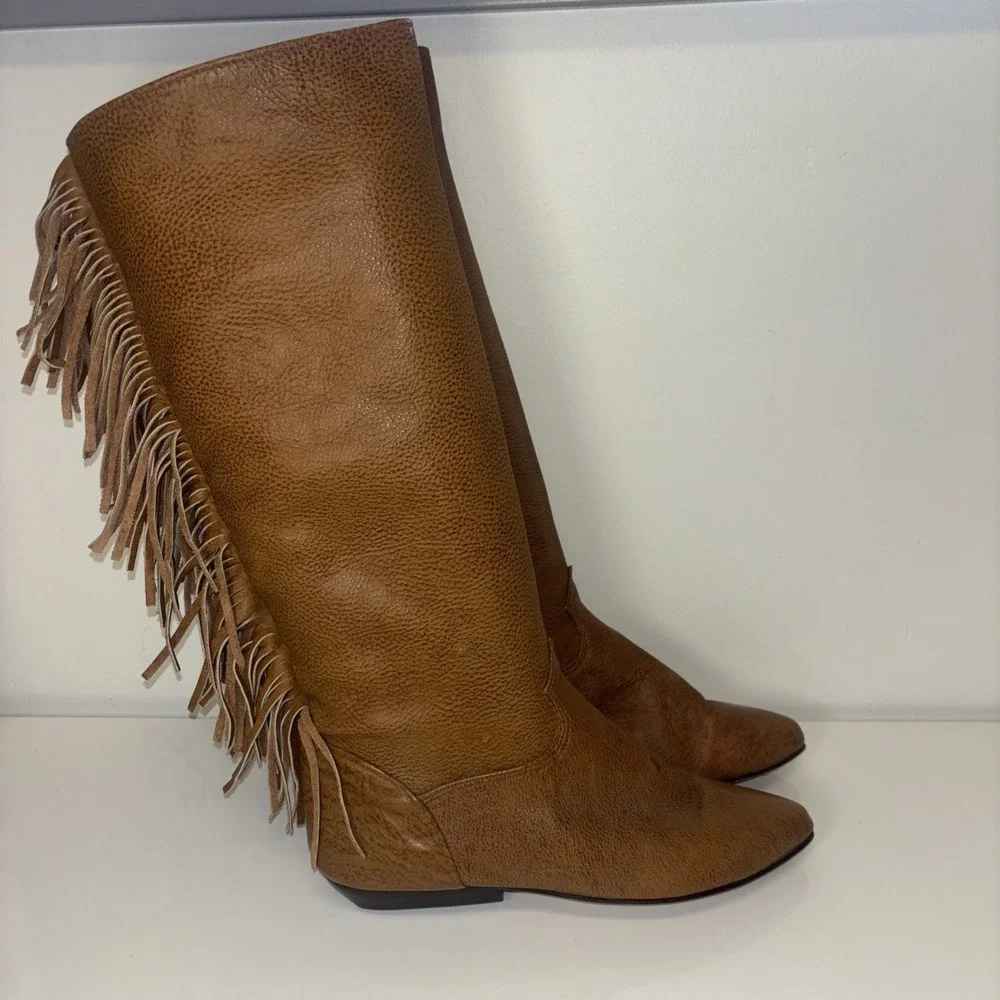 Zodiac USA Vintage Brown Leather Fringe Tall Western Boots Womens 7 M 01617